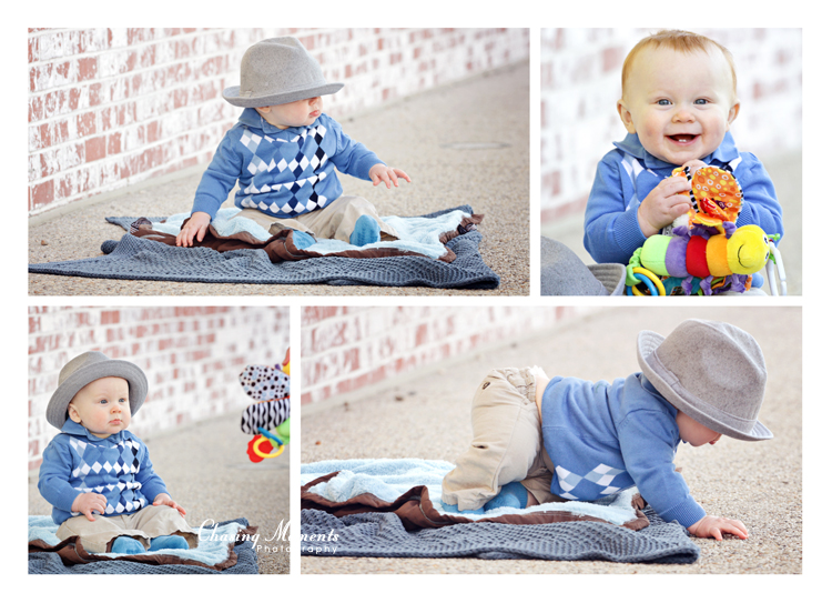 Happy Baby boy with toy and hat;  Fairfax Childrens Photographer