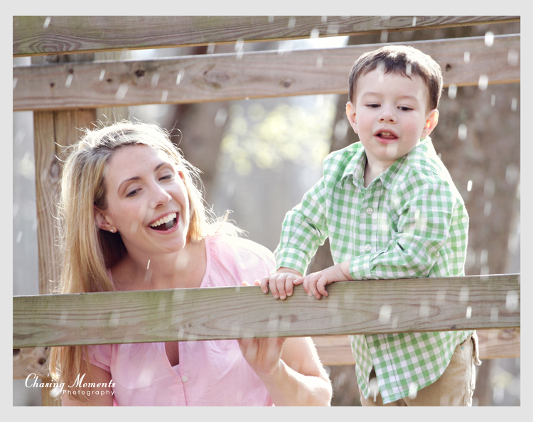 Mother having fun with toddler son, outdoor portrait family photography session in Northern Virginia