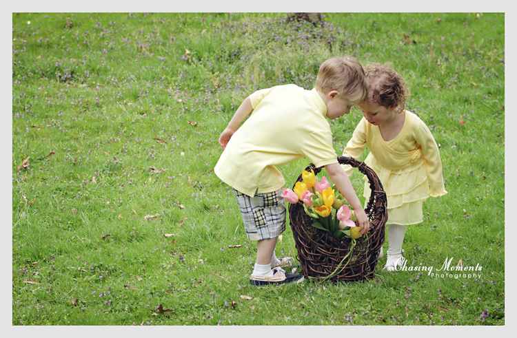 Easter portraits of two childre, brother and sister, in a park outdoors