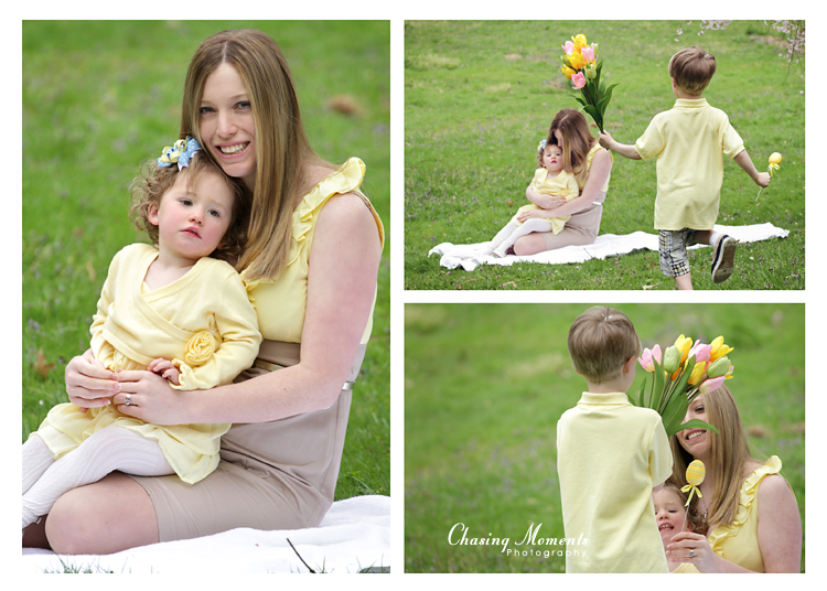 Stylized collage of Mother with two kids, daughter and son, giving her flowers