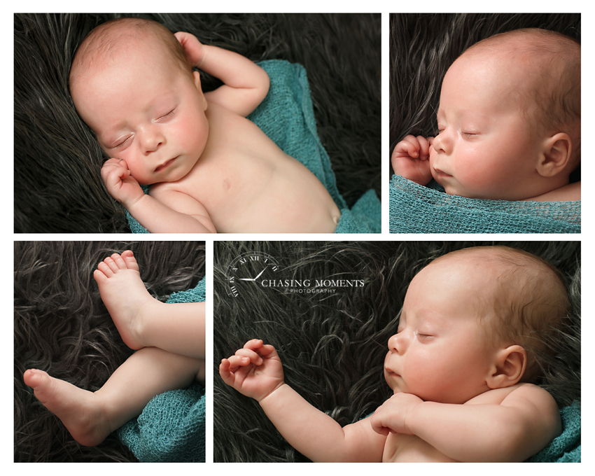 collage of newborn baby boy photos on dark flokati fur